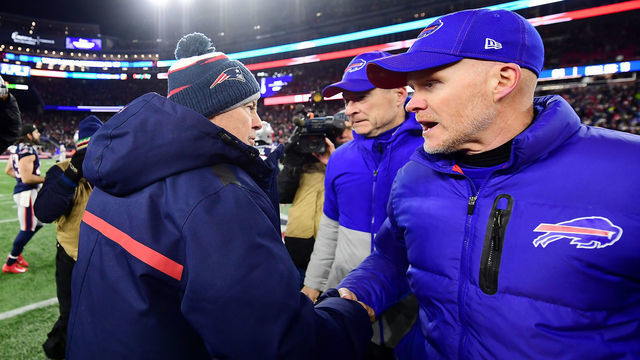 FOXBOROUGH, MASSACHUSETTS - DECEMBER 21: Head coach Bill Belichick of the New England Patriots shakes hands with head coach Sean McDermott of the Buffalo Bills after the Patriots defeated the Bills 24-17 in the game at Gillette Stadium on December 21, 2019 in Foxborough, Massachusetts.