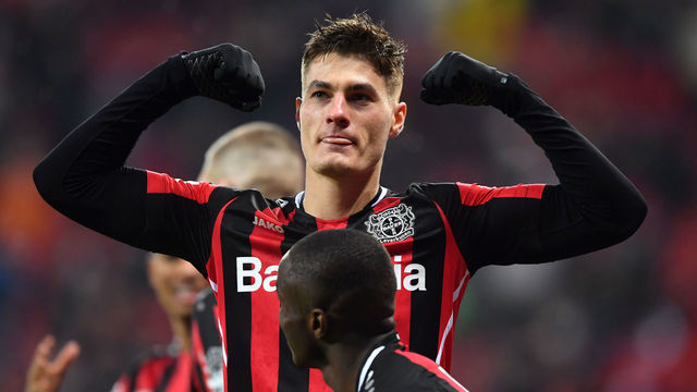 LEVERKUSEN, GERMANY - DECEMBER 04: Patrik Schick of Bayer 04 Leverkusen celebrates after scoring their side's fourth goal during the Bundesliga match between Bayer 04 Leverkusen and SpVgg Greuther Fürth at BayArena on December 04, 2021 in Leverkusen, Germany.