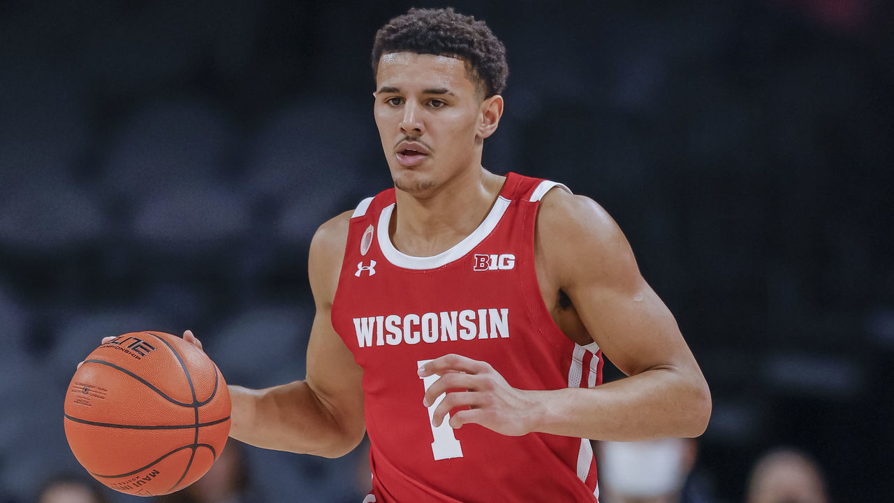 LAS VEGAS, NV - NOVEMBER 24: Johnny Davis #1 of the Wisconsin Badgers brings the ball up court during the game against the St. Mary's Gaels at Michelob ULTRA Arena on November 24, 2021 in Las Vegas, Nevada.