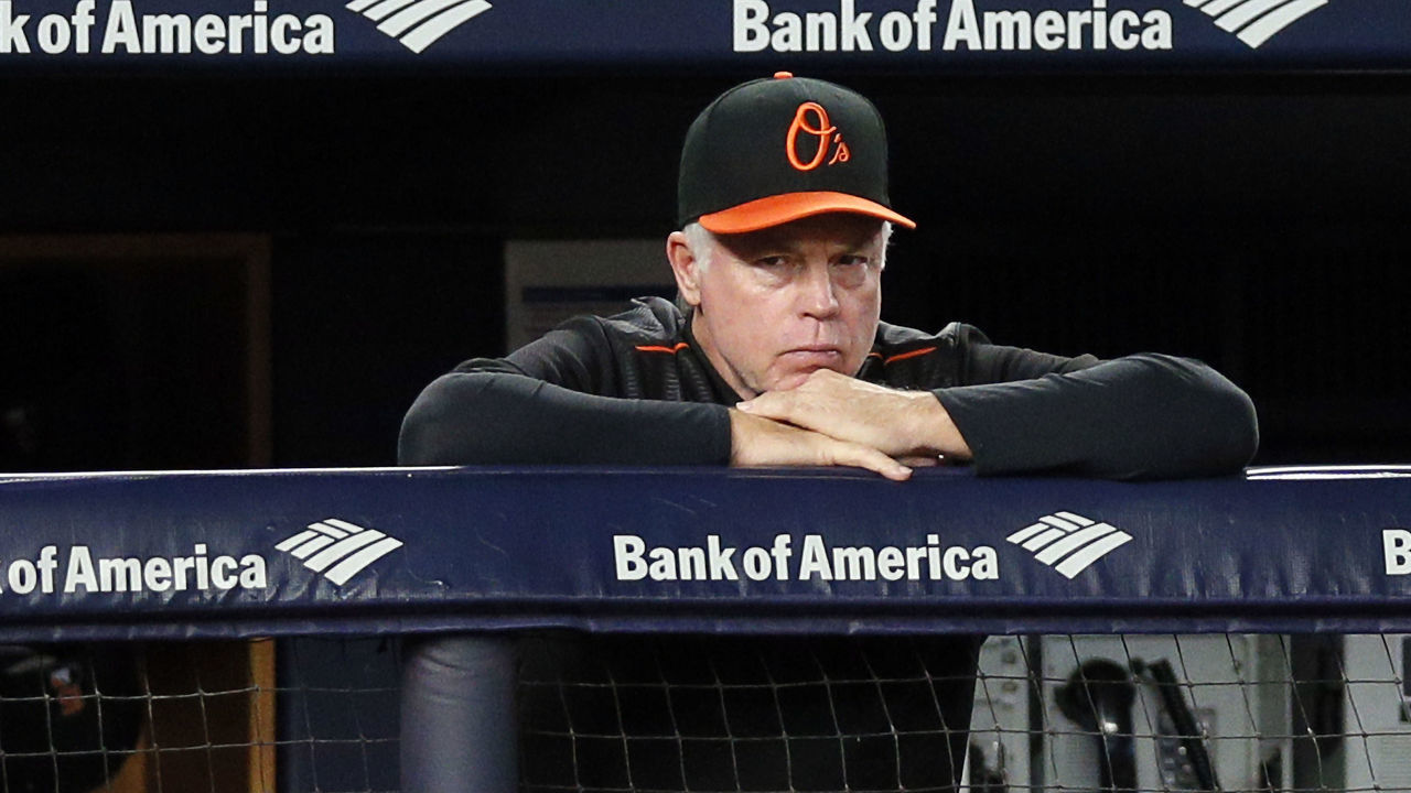 NEW YORK, NY - SEPTEMBER 21: Manager Buck Showalter #26 of the Baltimore Orioles reacts at the top of the dugout steps with his team losing in an MLB baseball game against the New York Yankees on September 21, 2018 at Yankee Stadium in the Bronx borough of New York City. Yankees won 10-8.