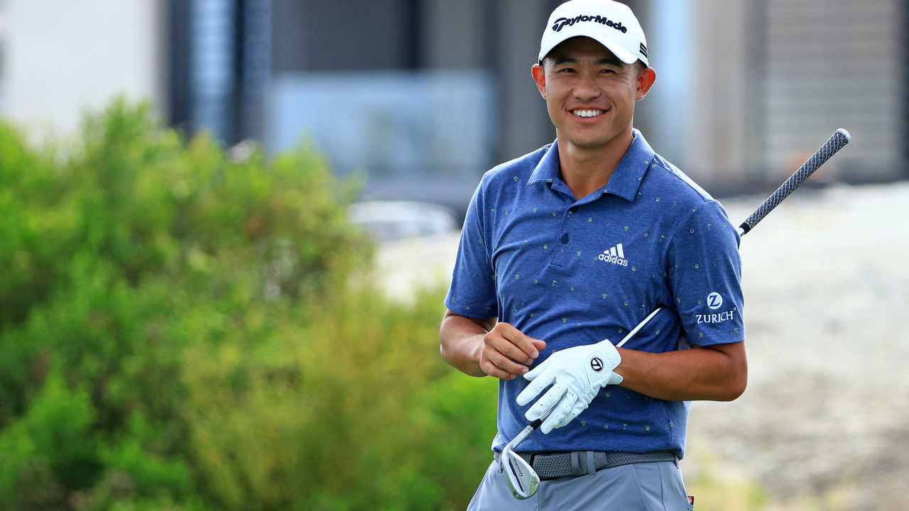 NASSAU, BAHAMAS - DECEMBER 04: Collin Morikawa of the United States reacts to chipping in for eagle on the third hole during the third round of the Hero World Challenge at Albany Golf Course on December 04, 2021 in Nassau, .