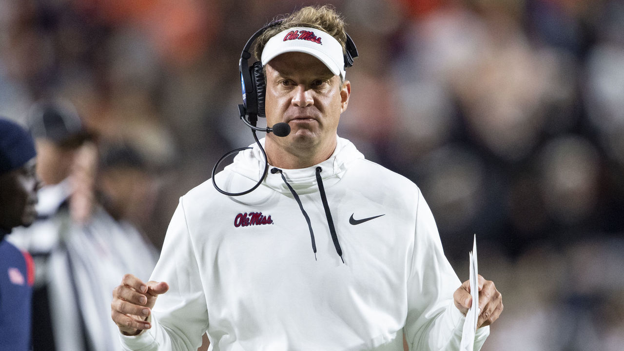 AUBURN, ALABAMA - OCTOBER 30: Head coach Lane Kiffin of the Mississippi Rebels during their game against the Auburn Tigers at Jordan-Hare Stadium on October 30, 2021 in Auburn, Alabama.