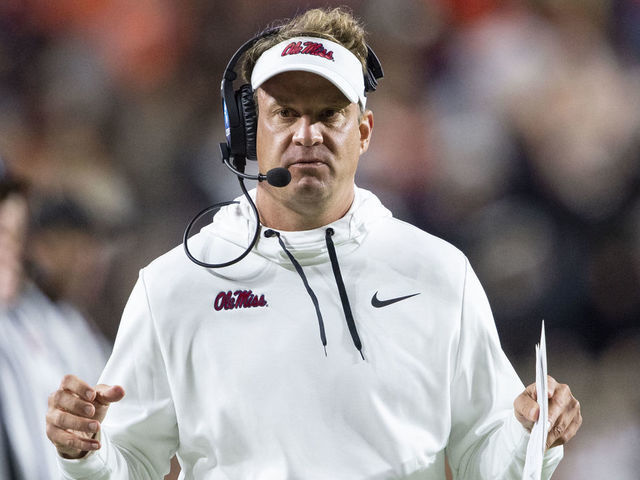 AUBURN, ALABAMA - OCTOBER 30: Head coach Lane Kiffin of the Mississippi Rebels during their game against the Auburn Tigers at Jordan-Hare Stadium on October 30, 2021 in Auburn, Alabama.