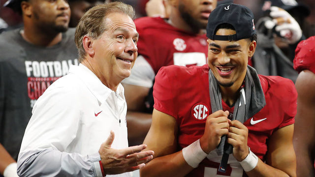 ATLANTA, GEORGIA - DECEMBER 04: Head coach Nick Saban of the Alabama Crimson Tide and Bryce Young #9 of the Alabama Crimson Tide celebrate their win against the Georgia Bulldogs after the SEC Championship game at Mercedes-Benz Stadium on December 04, 2021 in Atlanta, Georgia.