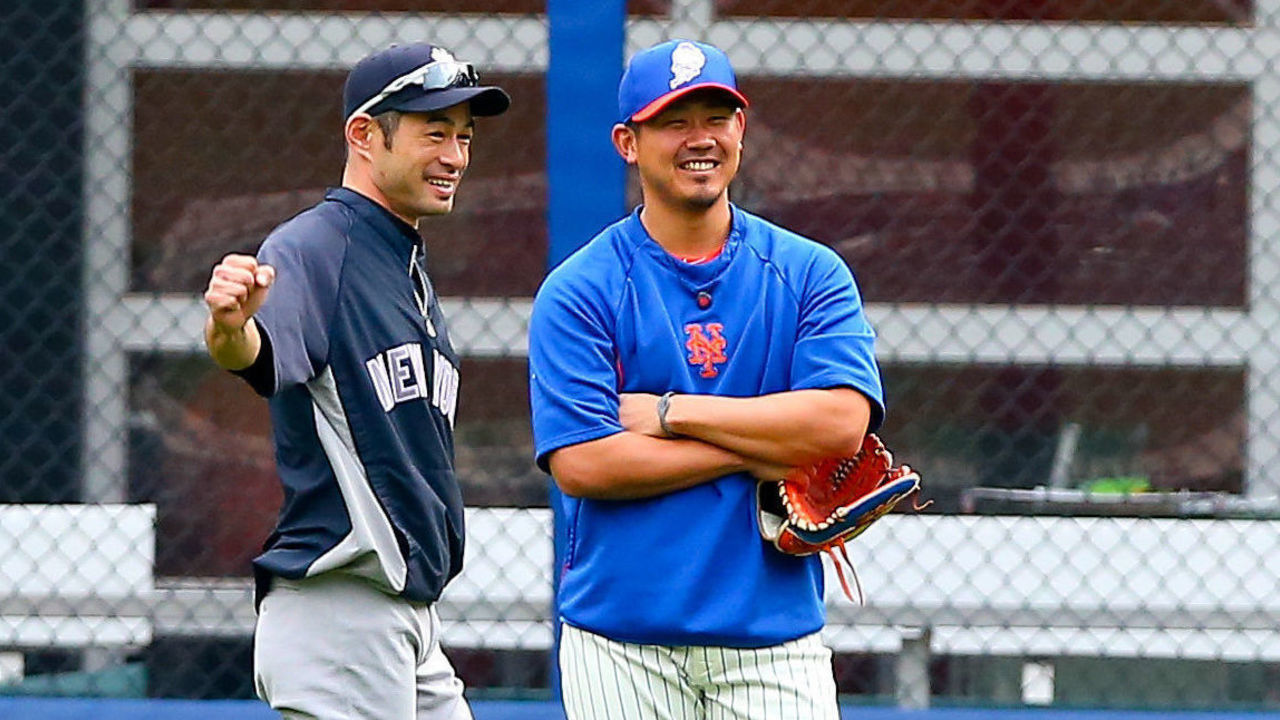 15 MAY 2014: New York Yankees right fielder Ichiro Suzuki (31) and New York Mets relief pitcher Daisuke Matsuzaka (16) prior to the game between the New York Mets and the New York Yankees played at Citi Field in Flushing Queens, New York. The final game of the Subway Series. The New York Yankees defeated the New York Mets 1-0.