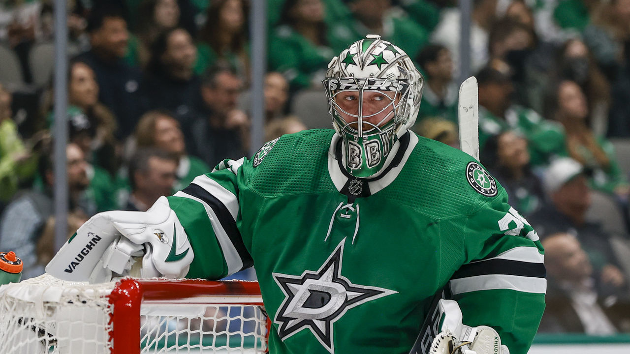 DALLAS, TX - OCTOBER 27: Dallas Stars goaltender Anton Khudobin (35) during a timeout during the game between the Dallas Stars and the Vegas Golden Knights on October 27, 2021 at American Airlines Center in Dallas, Texas.