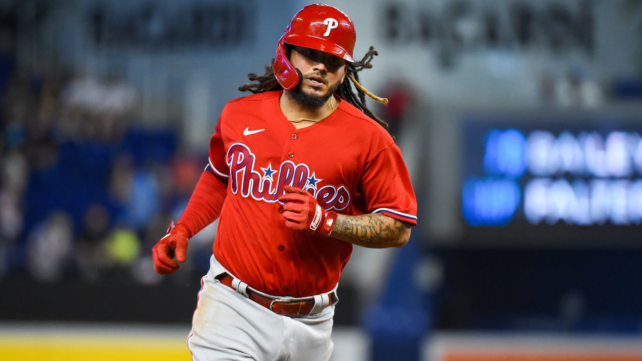 MIAMI, FLORIDA - OCTOBER 03: Freddy Galvis #8 of the Philadelphia Phillies rounds second base after hitting a home run in the second inning against the Miami Marlins at loanDepot park on October 03, 2021 in Miami, Florida.