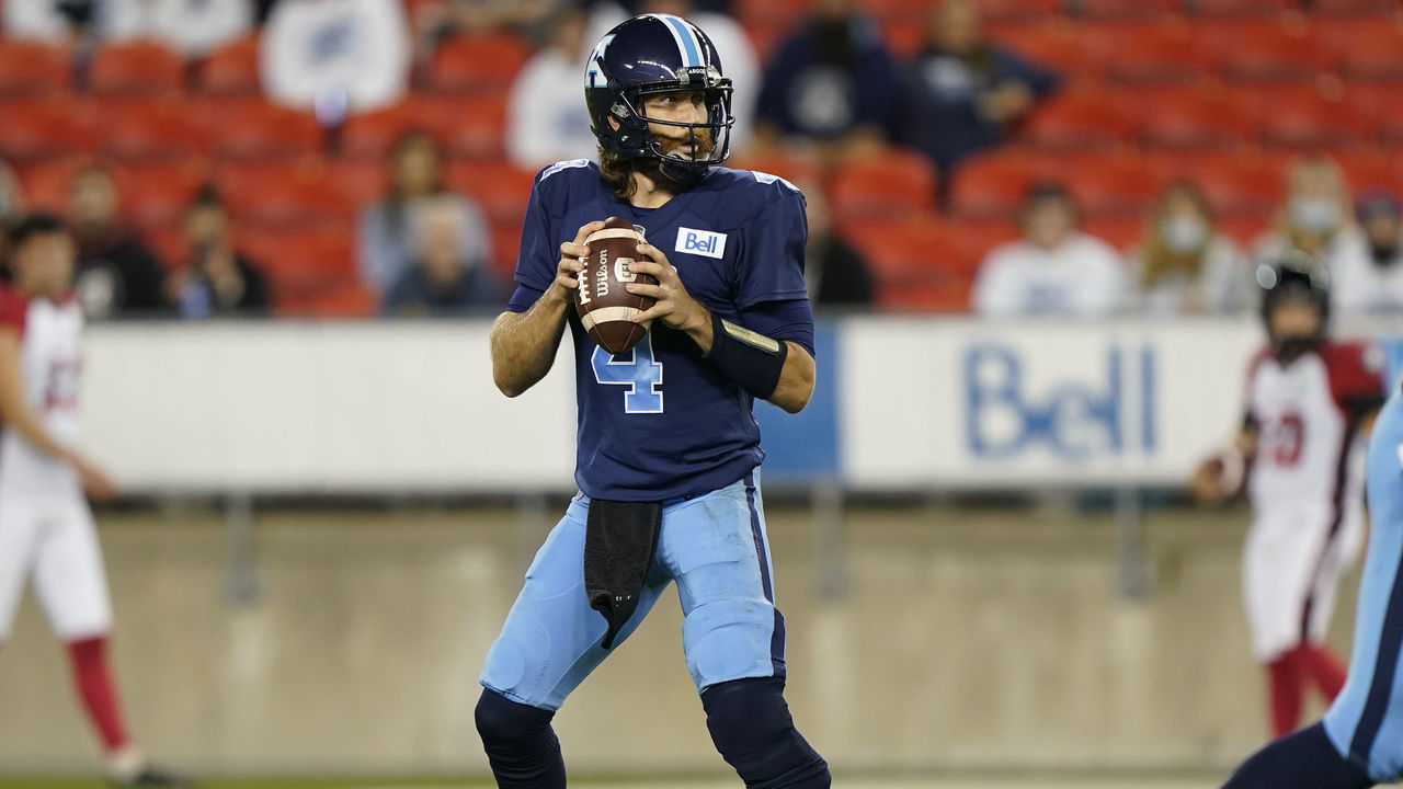TORONTO, ON - OCTOBER 06: McLeod Bethel-Thompson #4 of the Toronto Argonauts sets up to pass against the Ottawa Redblacks at BMO Field on October 6, 2021 in Toronto, Canada.