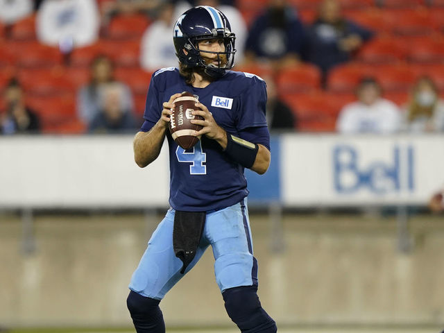 TORONTO, ON - OCTOBER 06: McLeod Bethel-Thompson #4 of the Toronto Argonauts sets up to pass against the Ottawa Redblacks at BMO Field on October 6, 2021 in Toronto, Canada.