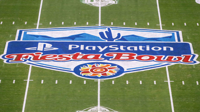 GLENDALE, AZ - JANUARY 02: A view of the Playstation Fiesta Bowl logo on the field before the Fiesta Bowl college football game between the Oregon Ducks and the Iowa State Cyclones on January 2, 2021 at State Farm Stadium in Glendale, Arizona.