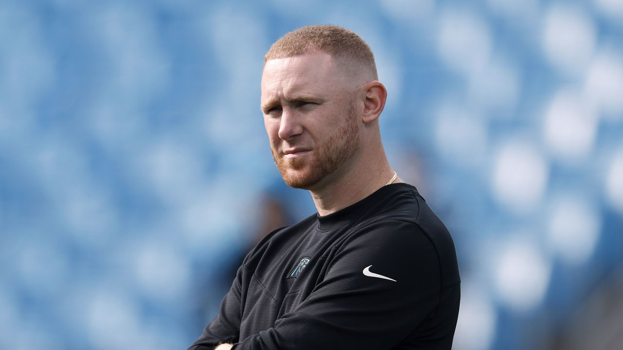 CHARLOTTE, NORTH CAROLINA - NOVEMBER 21: Offensive coordinator Joe Brady of the Carolina Panthers looks on during their game against the Washington Football Team at Bank of America Stadium on November 21, 2021 in Charlotte, North Carolina.
