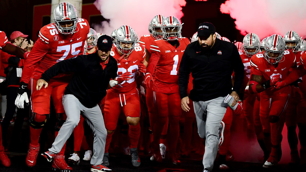 COLUMBUS, OHIO - OCTOBER 30: Ohio State Buckeyes head coach Ryan Day leads the team onto the field before their game against the Penn State Nittany Lions at Ohio Stadium on October 30, 2021 in Columbus, Ohio.
