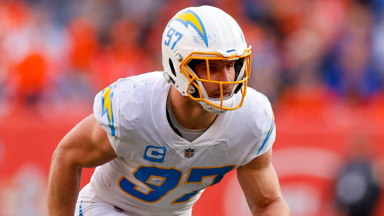 DENVER, CO - NOVEMBER 28: Defensive end Joey Bosa #97 of the Los Angeles Chargers rushes the passer during the first half against the Denver Broncos at Empower Field at Mile High on November 28, 2021 in Denver, Colorado.