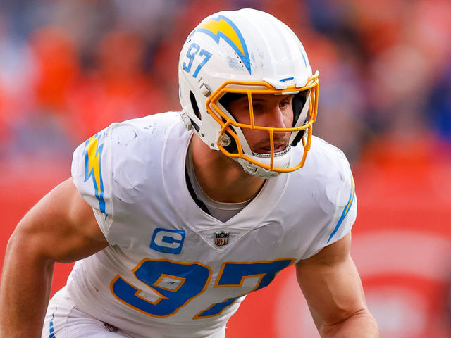 Los Angeles Chargers defensive end Joey Bosa (97) rushes the quarterback  during an NFL football …