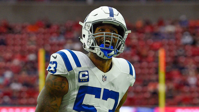 HOUSTON, TX - DECEMBER 05: Indianapolis Colts outside linebacker Darius Leonard (53) celebrates a key third down stop late in the first half during the football game between the Indianapolis Colts and Houston Texans at NRG Stadium on December 5, 2021 in Houston, TX.