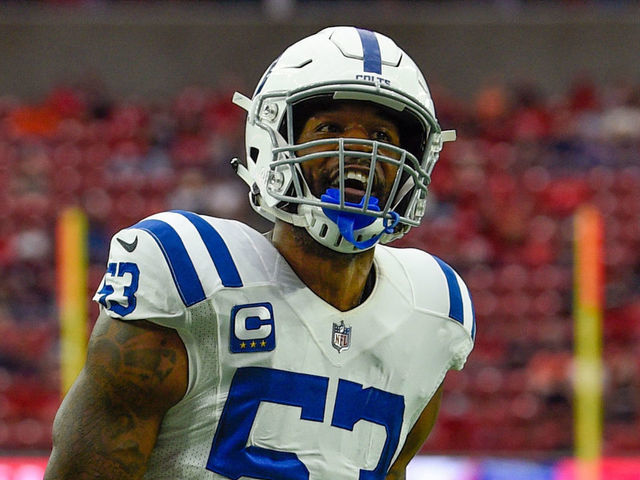 Indianapolis Colts outside linebacker Darius Leonard (53) celebrates a play  during an NFL football game between