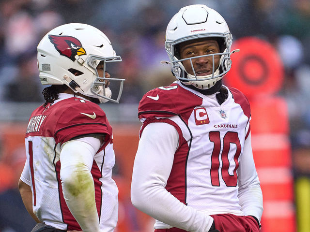 CHICAGO, IL - DECEMBER 05: Arizona Cardinals quarterback Kyler Murray (1) and Arizona Cardinals wide receiver DeAndre Hopkins (10) chat during a game between the Arizona Cardinals and the Chicago Bears on December 5, 2021 at Soldier Stadium, in Chicago, IL.
