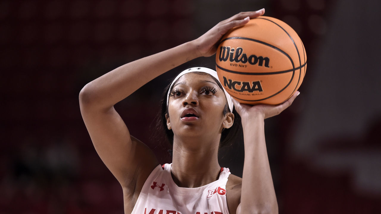 COLLEGE PARK, MARYLAND - NOVEMBER 21: Angel Reese #10 of the Maryland Terrapins shoots a free throw against the Baylor Lady Bears at Xfinity Center on November 21, 2021 in College Park, Maryland.