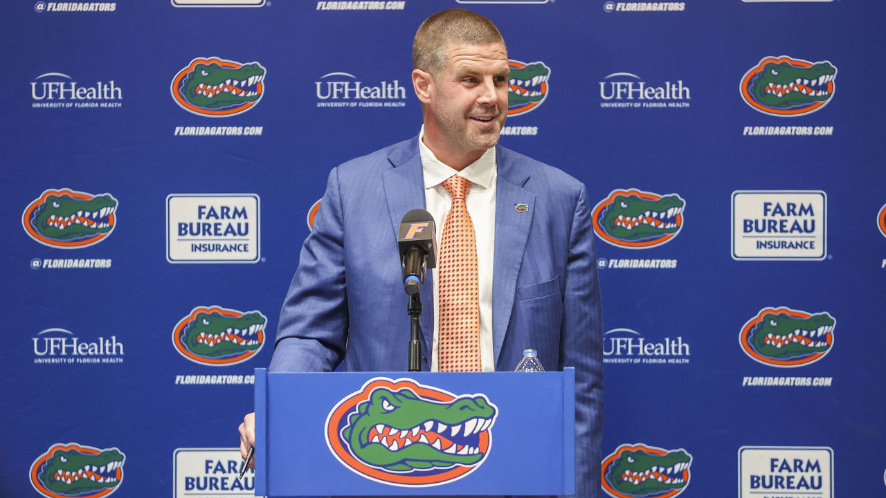 GAINESVILLE, FLORIDA - DECEMBER 05: Head Coach Billy Napier of the Florida Gators speaks to the Media during a press conference at Ben Hill Griffin Stadium on December 05, 2021 in Gainesville, Florida.