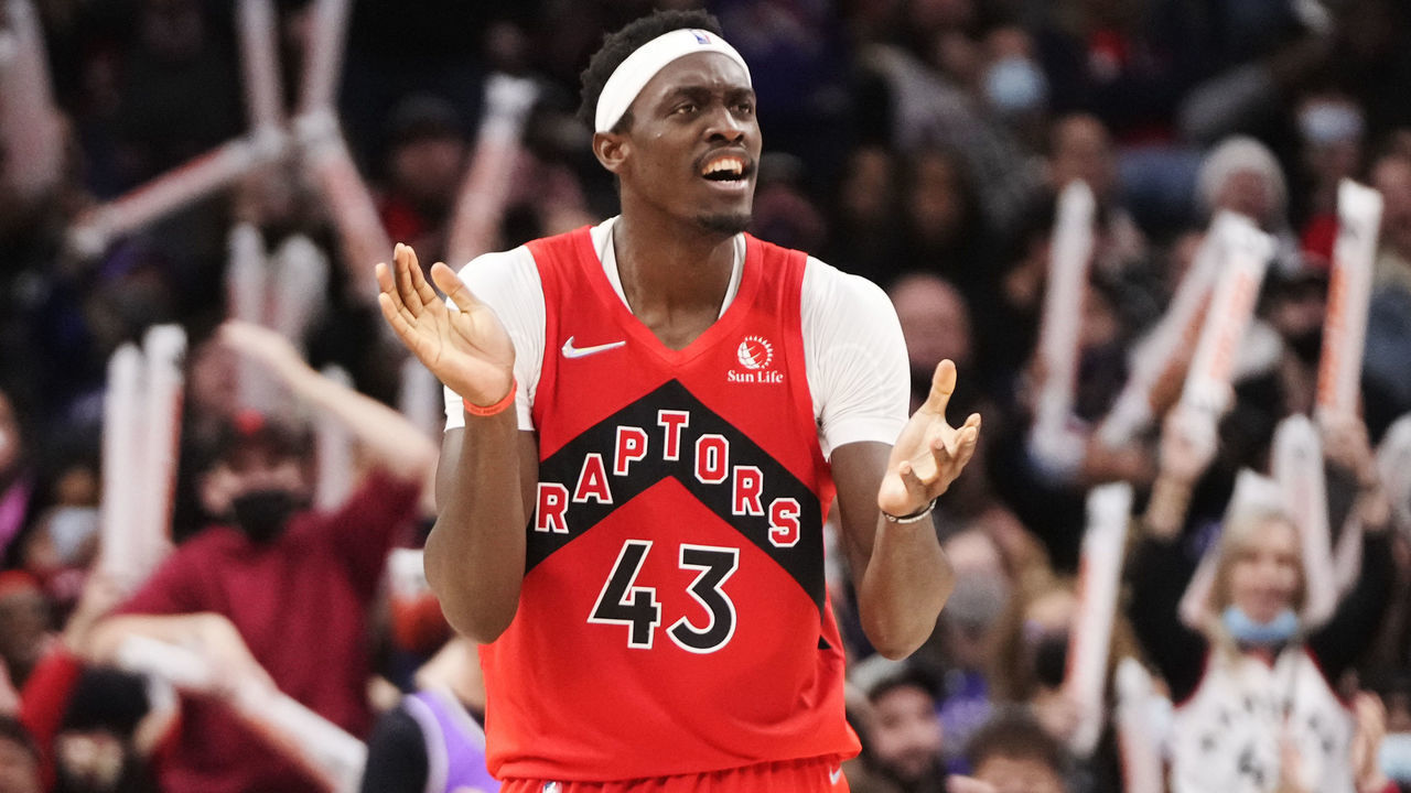 TORONTO, ON - DECEMBER 5: Pascal Siakam #43 of the Toronto Raptors celebrates against the Washington Wizards during the second half of their basketball game at the Scotiabank Arena on December 5, 2021 in Toronto, Ontario, Canada. NOTE TO USER: User expressly acknowledges and agrees that, by downloading and/or using this Photograph, user is consenting to the terms and conditions of the Getty Images License Agreement.