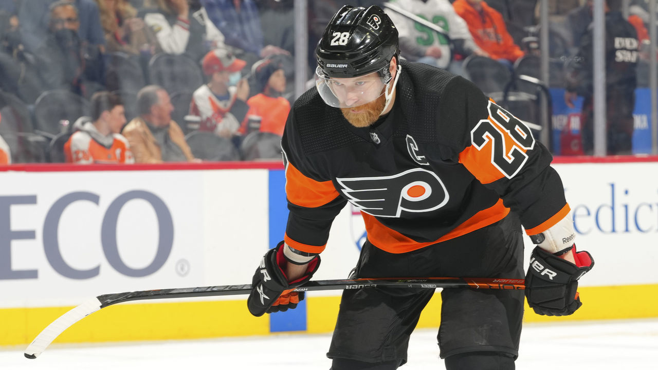 PHILADELPHIA, PA - DECEMBER 05: Claude Giroux #28 of the Philadelphia Flyers looks on after a goal by the Tampa Bay Lightning in the second period at the Wells Fargo Center on December 5, 2021 in Philadelphia, Pennsylvania.