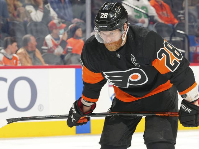 PHILADELPHIA, PA - DECEMBER 05: Claude Giroux #28 of the Philadelphia Flyers looks on after a goal by the Tampa Bay Lightning in the second period at the Wells Fargo Center on December 5, 2021 in Philadelphia, Pennsylvania.