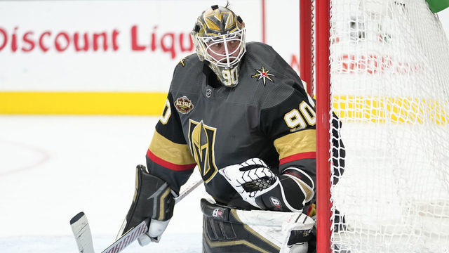 LAS VEGAS, NEVADA - DECEMBER 05: Robin Lehner #90 of the Vegas Golden Knights tends net during the second period of a game against the Calgary Flames at T-Mobile Arena on December 05, 2021 in Las Vegas, Nevada.