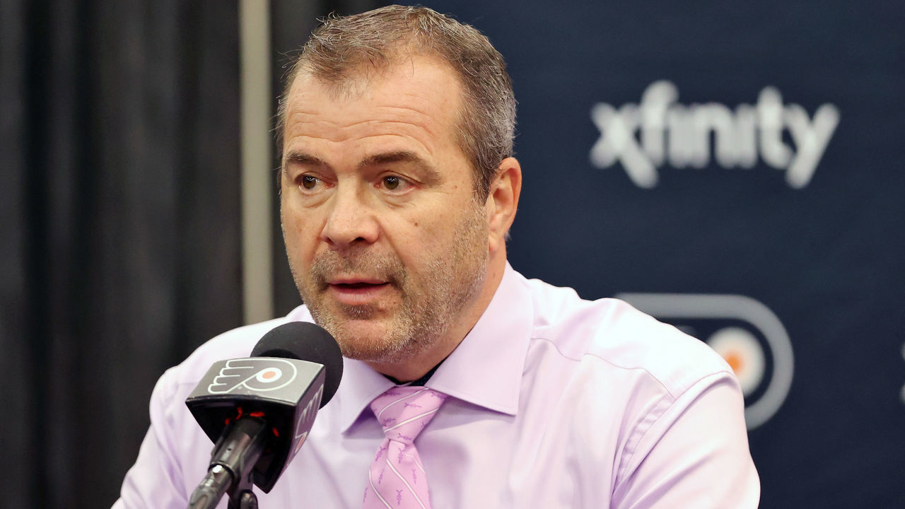 PHILADELPHIA, PA - NOVEMBER 18: Head Coach of the Philadelphia Flyers Alain Vigneault speaks during a postgame press conference after his team was defeated by the Tampa Bay Lightning 4-3 in a shootout at the Wells Fargo Center on November 18, 2021 in Philadelphia, Pennsylvania.