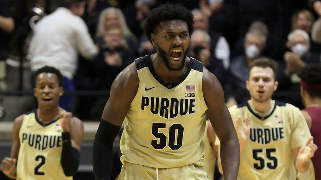 WEST LAFAYETTE, INDIANA - NOVEMBER 30: Trevion Williams #50 of the Purdue Boilermakers reacts after a play during the second half in the game against the Florida State Seminoles at Mackey Arena on November 30, 2021 in West Lafayette, Indiana.