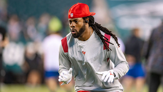 PHILADELPHIA, PA - OCTOBER 14: Tampa Bay Buccaneers cornerback Richard Sherman (5) warms up prior to the game between the Tampa Bay Buccaneers and Philadelphia Eagles on October 14, 2021 at Lincoln Financial Field in Philadelphia, PA.