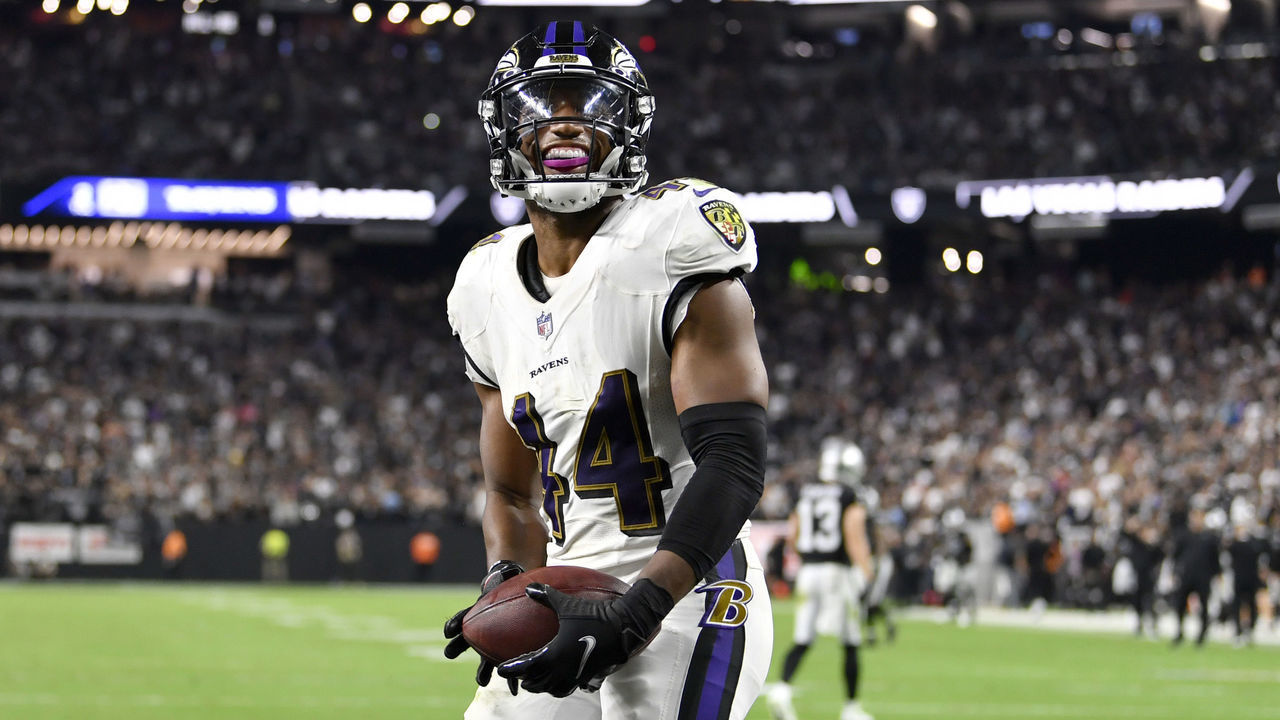 LAS VEGAS, NEVADA - SEPTEMBER 13: Marlon Humphrey #44 of the Baltimore Ravens celebrates after Anthony Averett #23 of the Baltimore Ravens caught an interception during overtime against the Las Vegas Raiders at Allegiant Stadium on September 13, 2021 in Las Vegas, Nevada.