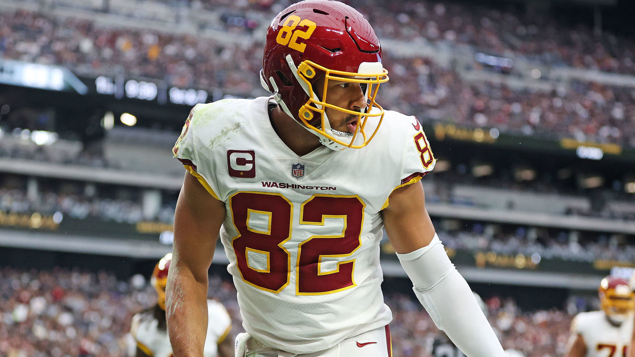 LAS VEGAS, NEVADA - DECEMBER 05: Logan Thomas #82 of the Washington Football Team celebrates after catching a touchdown pass in the end zone against the Las Vegas Raiders during the first quarter at Allegiant Stadium on December 05, 2021 in Las Vegas, Nevada.