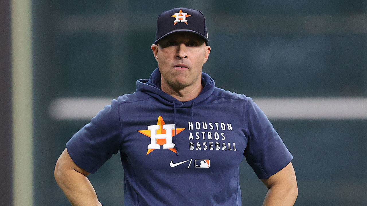 HOUSTON, TEXAS - OCTOBER 22: Joe Espada #19 of the Houston Astros looks on prior to Game Six of the American League Championship Series against the Boston Red Sox at Minute Maid Park on October 22, 2021 in Houston, Texas.