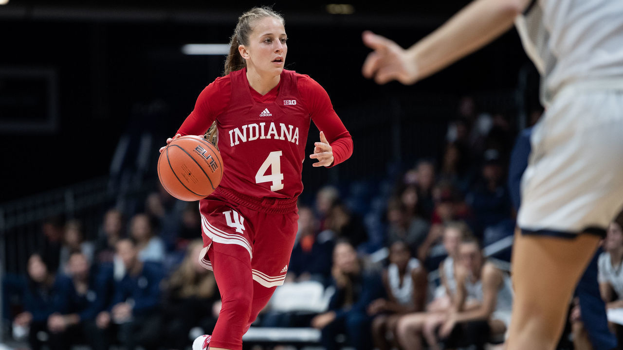 INDIANAPOLIS, IN - NOVEMBER 10: Indiana Hoosiers guard Nicole Cardaño-Hillary (4) dribbles up the court during the womens college basketball game between the Butler Bulldogs and Indiana Hoosiers on November 10, 2021, at Hinkle Fieldhouse in Indianapolis, IN.