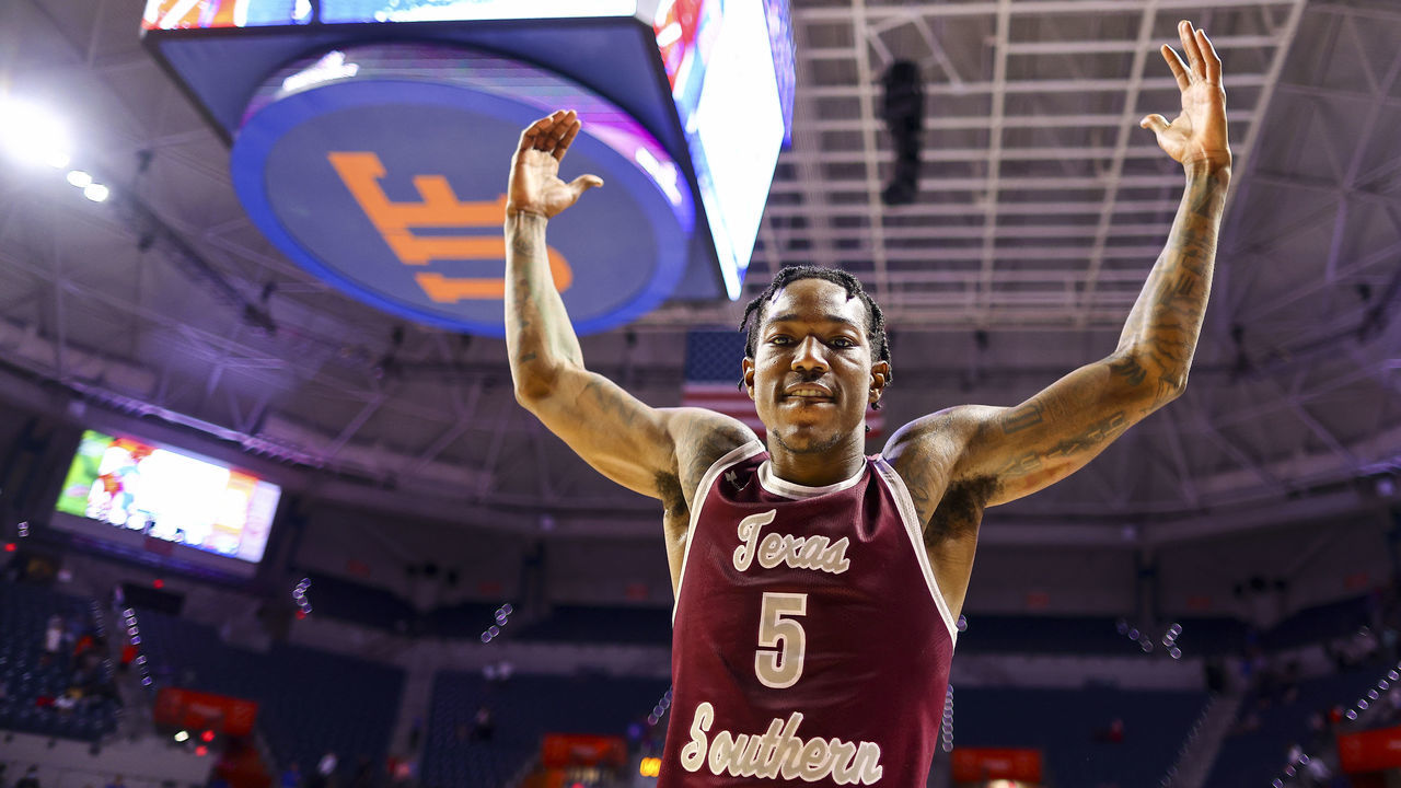 GAINESVILLE, FLORIDA - DECEMBER 06: Joirdon Karl Nicholas #5 of the Texas Southern Tigers celebrates after a 69-54 over the Florida Gators at the Stephen C. O'Connell Center on December 06, 2021 in Gainesville, Florida.