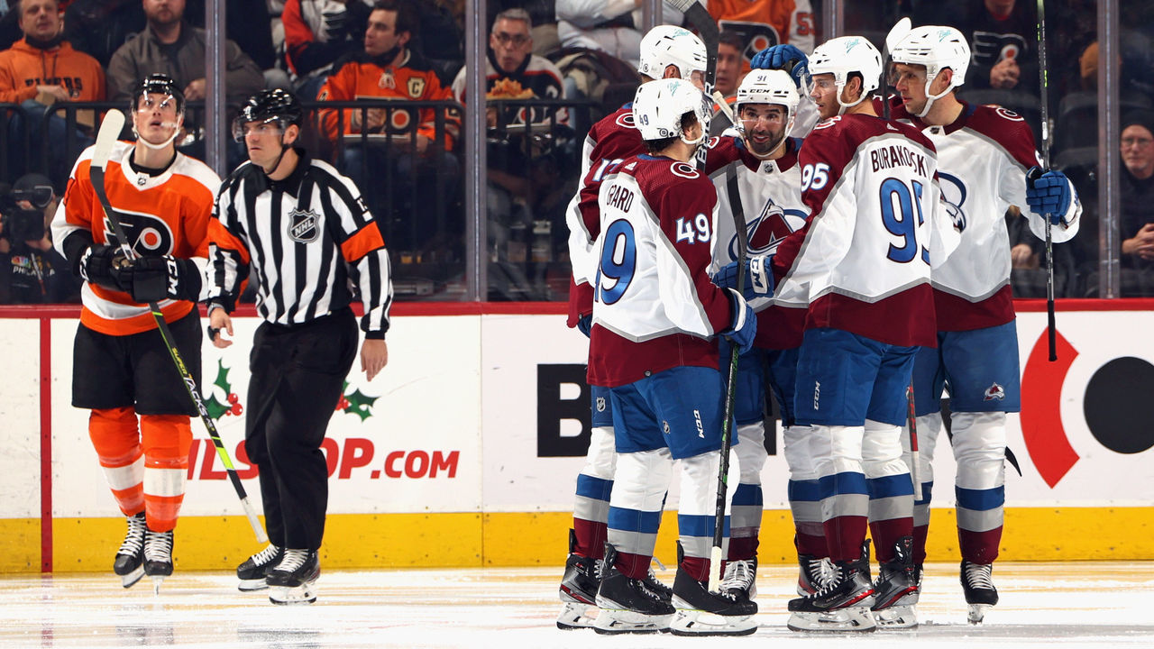 PHILADELPHIA, PENNSYLVANIA - DECEMBER 06: The Colorado Avalanche celebrate a second period goal by Valeri Nichushkin #13 against the Philadelphia Flyers at the Wells Fargo Center on December 06, 2021 in Philadelphia, Pennsylvania.