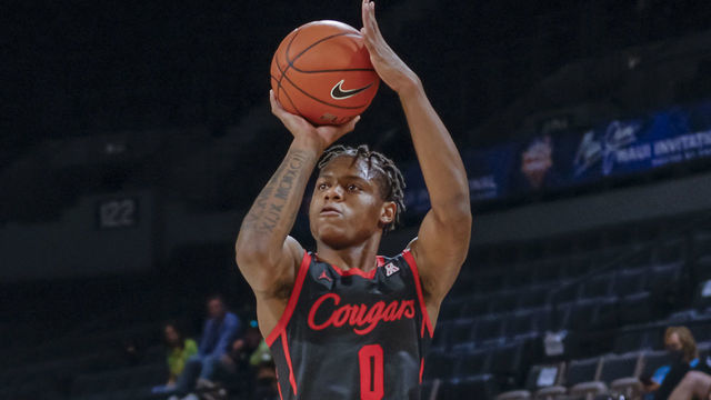 LAS VEGAS, NV - NOVEMBER 24: Marcus Sasser #0 of the Houston Cougars shoots the ball during the game against the Oregon Ducks at Michelob ULTRA Arena on November 24, 2021 in Las Vegas, Nevada.