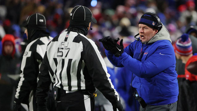 ORCHARD PARK, NEW YORK - DECEMBER 06: Head coach Sean McDermott of the Buffalo Bills reacts during the second quarter against the New England Patriots at Highmark Stadium on December 06, 2021 in Orchard Park, New York.