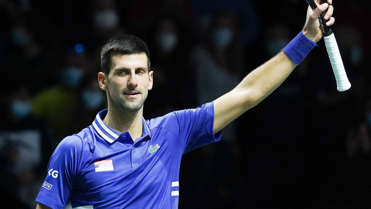 Novak Djokovic of Serbia in action during the Davis Cup Finals 2021, Semifinal 1, tennis match played between Croatia and Serbia at Madrid Arena pabilion on December 03, 2021, in Madrid, Spain.