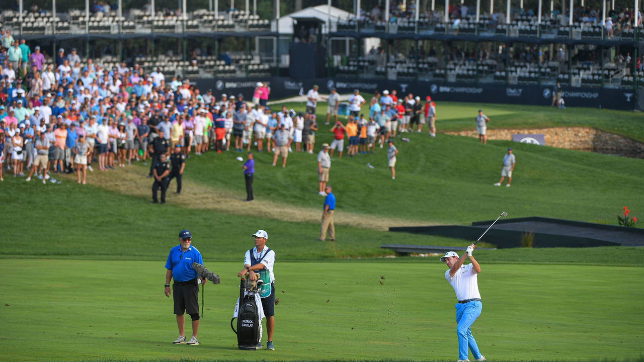 OWINGS MILLS, MD - AUGUST 29: Patrick Cantlay hits a shot on the 18th fairway during the final round of the BMW Championship at Caves Valley Golf Club on August 29, 2021 in Owings Mills, Maryland.