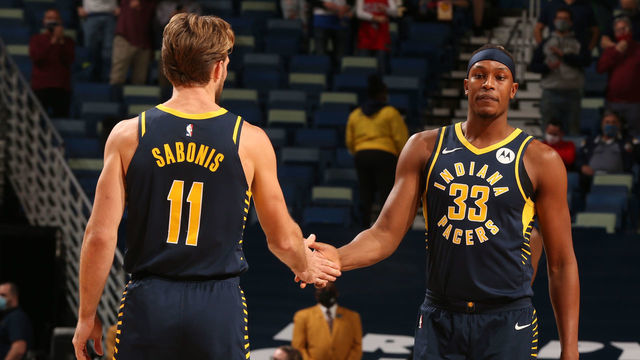 NEW ORLEANS, LA - JANUARY 4: Myles Turner #33 hi-fives Domantas Sabonis #11 of the Indiana Pacers before the game against the New Orleans Pelicans on January 4, 2021 at the Smoothie King Center in New Orleans, Louisiana. Mandatory Copyright Notice: Copyright 2021 NBAE