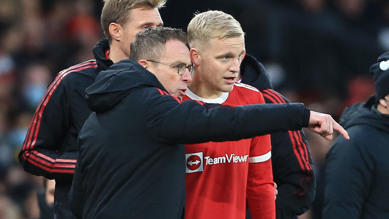 MANCHESTER, ENGLAND - DECEMBER 05: Manchester United interim manager Ralf Rangnick issues instructions to substitute Donny van de Beek of Manchester United during the Premier League match between Manchester United and Crystal Palace at Old Trafford on December 5, 2021 in Manchester, England.