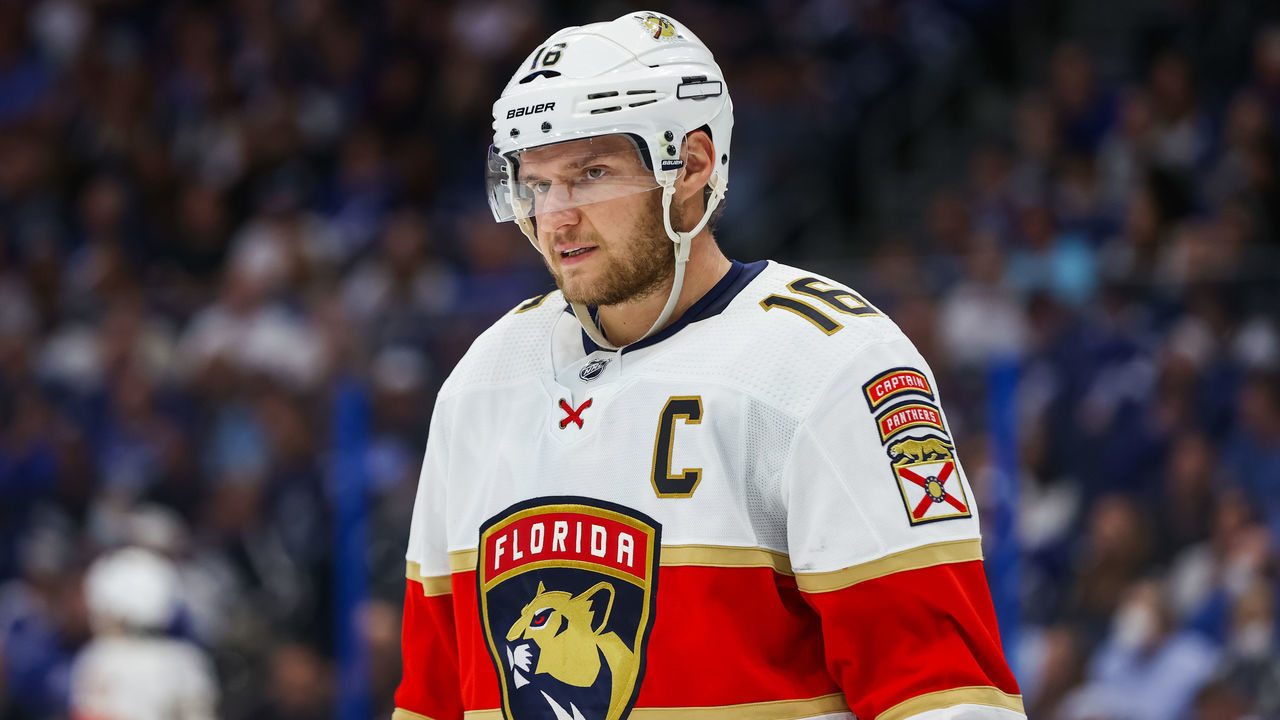 TAMPA, FL - NOVEMBER 13: Aleksander Barkov #16 of the Florida Panthers against the Tampa Bay Lightning during the third period at Amalie Arena on November 13, 2021 in Tampa, Florida.