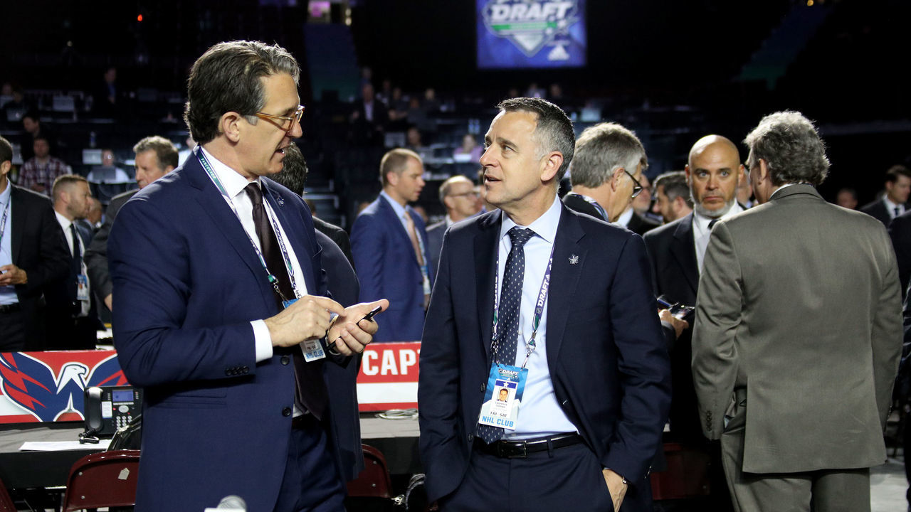 VANCOUVER, BRITISH COLUMBIA - JUNE 22: (L-R) Brendan Shanahan and Laurence Gilman of the Toronto Maple Leafs attend the 2019 NHL Draft at Rogers Arena on June 22, 2019 in Vancouver, Canada.