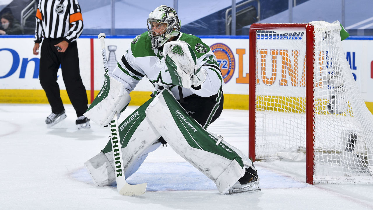 EDMONTON, ALBERTA - AUGUST 03: Ben Bishop #30 of the Dallas Stars looks on during the first period against the Vegas Golden Knights in a Round Robin game during the 2020 NHL Stanley Cup Playoff at Rogers Place on August 03, 2020 in Edmonton, Alberta.