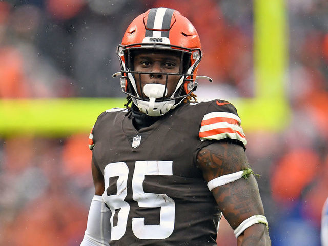 CLEVELAND, OHIO - NOVEMBER 21: Tight end David Njoku #85 of the Cleveland Browns pauses after a play during the first half against the Detroit Lions at FirstEnergy Stadium on November 21, 2021 in Cleveland, Ohio. The Browns defeated the Lions 13-10.