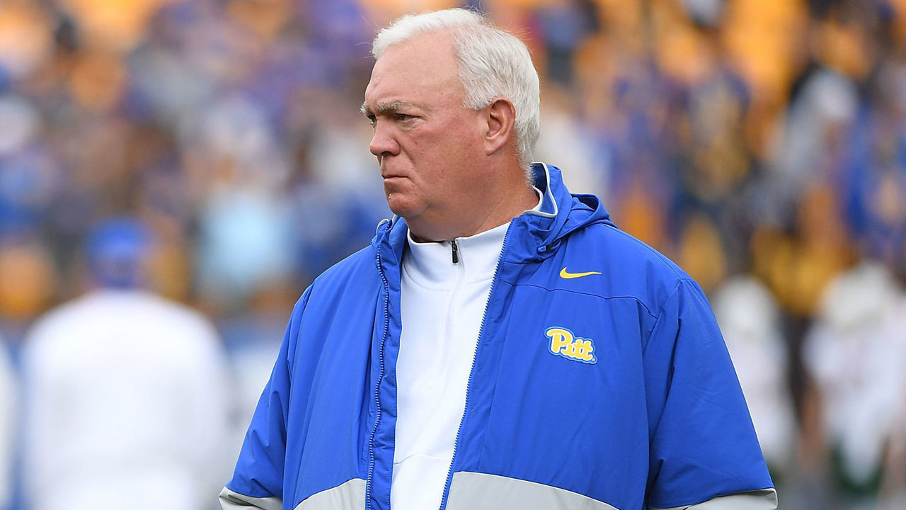 PITTSBURGH, PA - OCTOBER 30: Offensive Coordinator Mark Whipple of the Pittsburgh Panthers looks on during warmups before the game against the Miami Hurricanes at Heinz Field on October 30, 2021 in Pittsburgh, Pennsylvania.