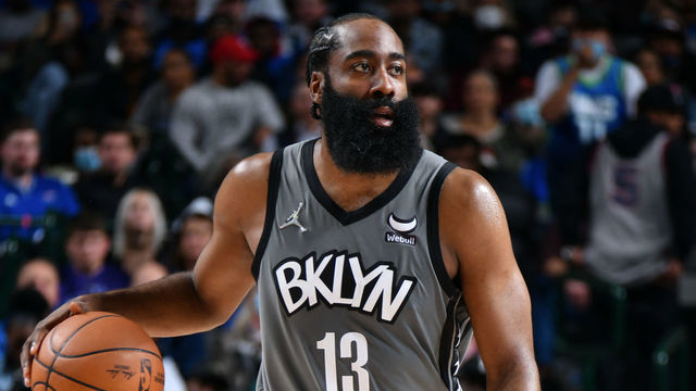 DALLAS, TX - DECEMBER 7: James Harden #13 of the Brooklyn Nets handles the ball during the game against the Dallas Mavericks on December 7, 2021 at the American Airlines Center in Dallas, Texas. Mandatory Copyright Notice: Copyright 2021 NBAE