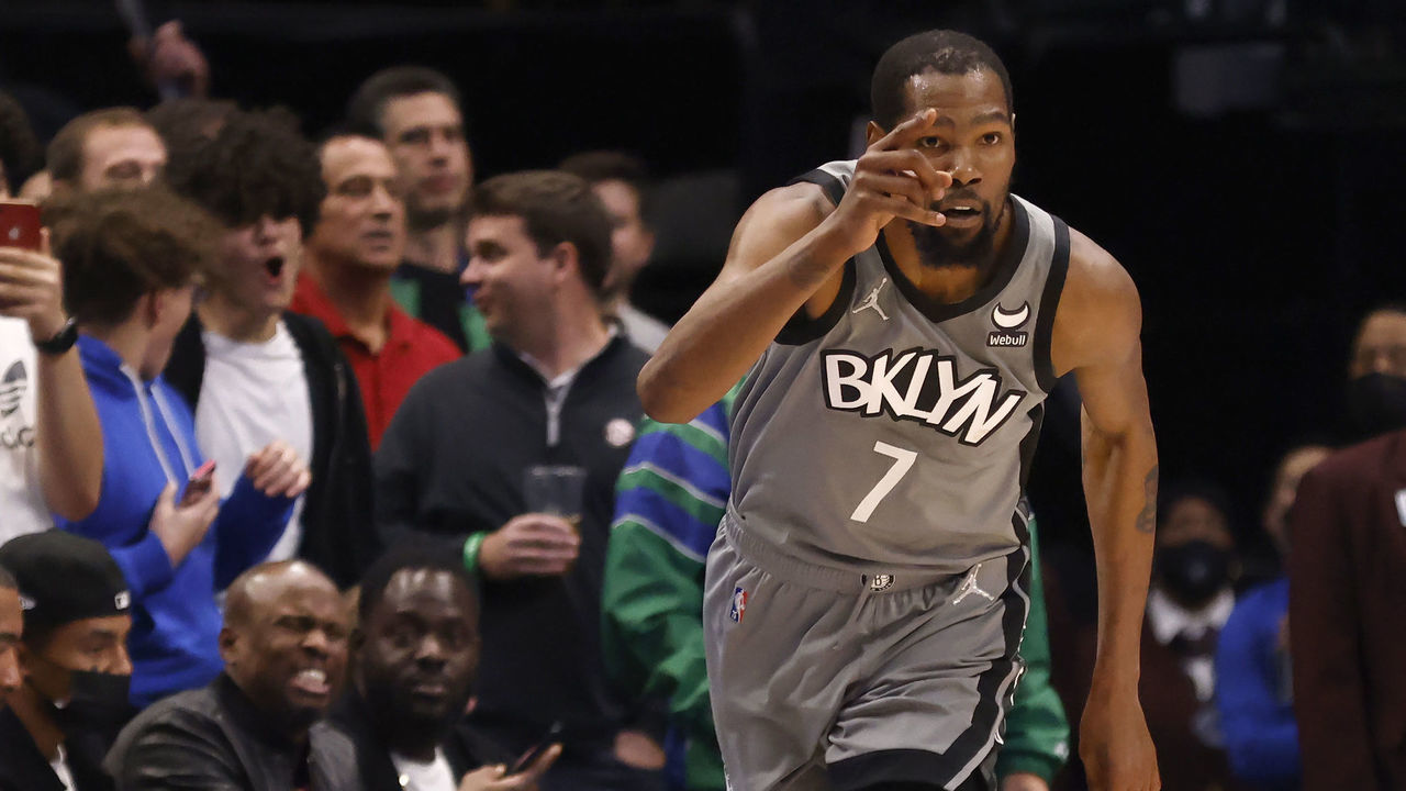 DALLAS, TX - NOVEMBER 7: Kevin Durant #7 of the Brooklyn Nets reacts after scoring a three-point shot against the Dallas Mavericks in the second half at American Airlines Center on November 7, 2021 in Dallas, Texas. The Nets won 102-99.