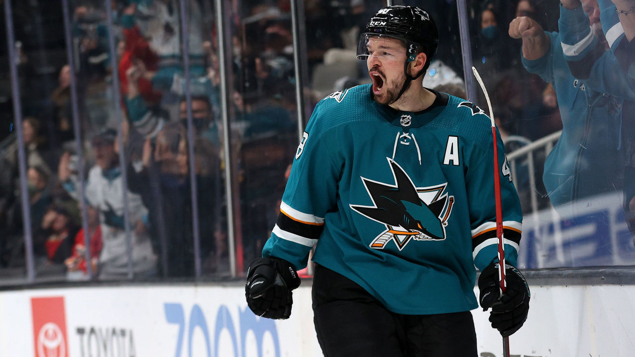 SAN JOSE, CALIFORNIA - DECEMBER 07: Tomas Hertl #48 of the San Jose Sharks reacts after he scored he second goal of the game against the Calgary Flames in the second period at SAP Center on December 07, 2021 in San Jose, California.